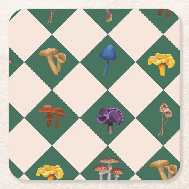 Simple green check with mushrooms square paper coaster (Front)