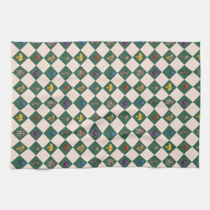 Simple green check with mushrooms tea towel