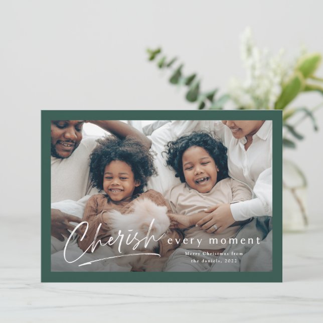 Simple Green Cherish Script 2 Photo Christmas Card (Standing Front)