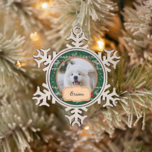 simple green christmas holiday Custom Dog Photo  Snowflake Pewter Christmas Ornament