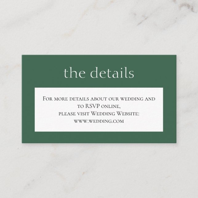 Simple green classic Wedding. Details. Website Enclosure Card (Front)