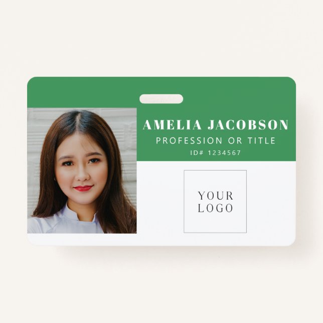 Simple Green Employee Photo ID Logo Barcode  ID Badge (Front)