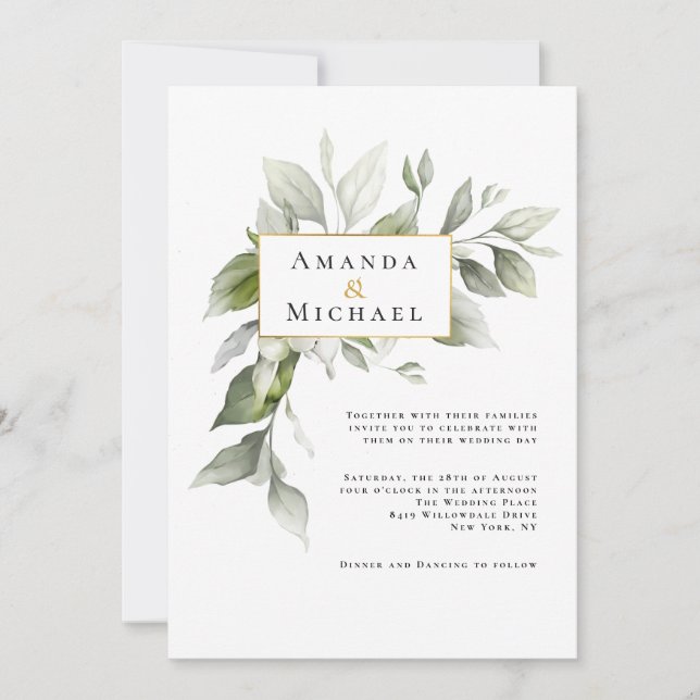 Simple Green Foliage with Gold Accent Wedding Invitation (Front)
