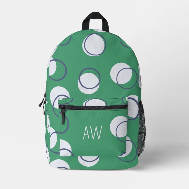 Simple Green Geometric Circles Monogram Initials Printed Backpack (Front)