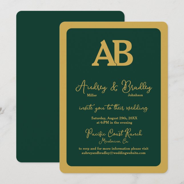Simple Green Gold Frame 2 Letter Monogram Wedding Invitation (Front/Back)