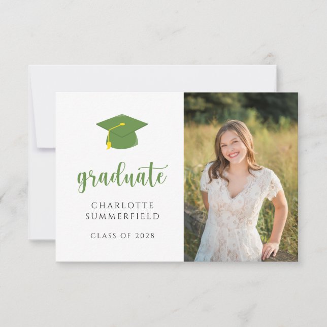 Simple Green Gold Graduation Cap Tassel Invitation (Front)