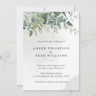 Simple Green & Gold Greenery Leaves Wedding Invitation
