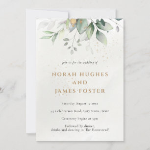 Simple Green & Gold Leaves Wedding Invitation