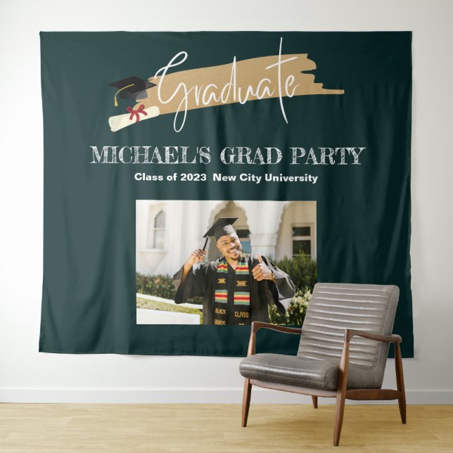 Simple Green Graduation Photo Booth Backdrop Tapestry (In Situ (Horizontal))
