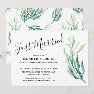 Simple Green Just Married Watercolor Foliage Invitation