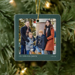 Simple green knit frame one photo Christmas Ceramic Ornament<br><div class="desc">This simple one photo Christmas ornament features a frame with a dark green knit effect pattern and custom text. Remember a favourite memory from your year with this keepsake Christmas photo ornament and personalise the message. The front and back of this cute simple ornament are the same with a red...</div>