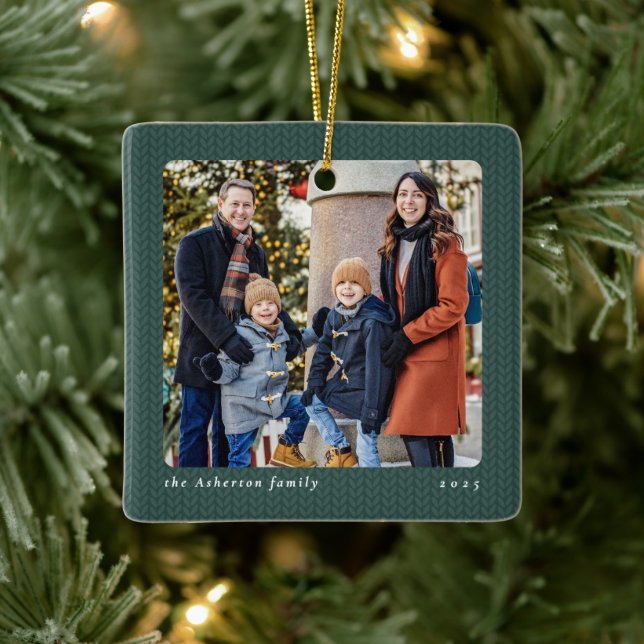 Simple green knit frame one photo Christmas Ceramic Ornament (Tree)