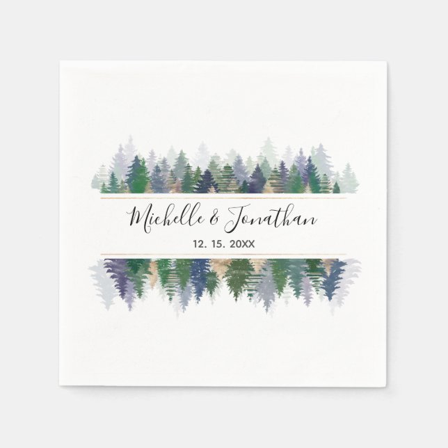 Simple Green Lavender Gold Pine Trees Wedding Napkin (Front)