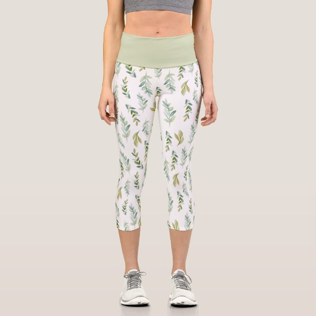 Simple Green Leaf Pattern  Capri Leggings (Front)