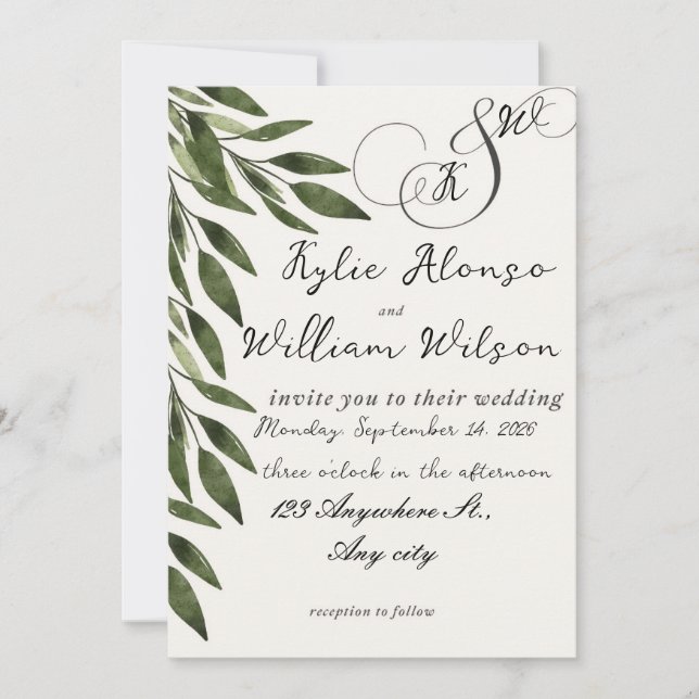 Simple green leaves for wedding invitation (Front)