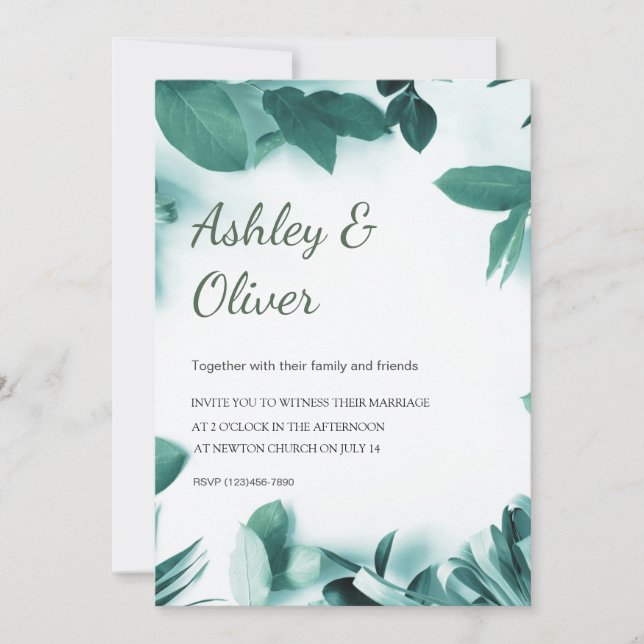 Simple Green Leaves Green Greenery Wedding Invitation (Front)