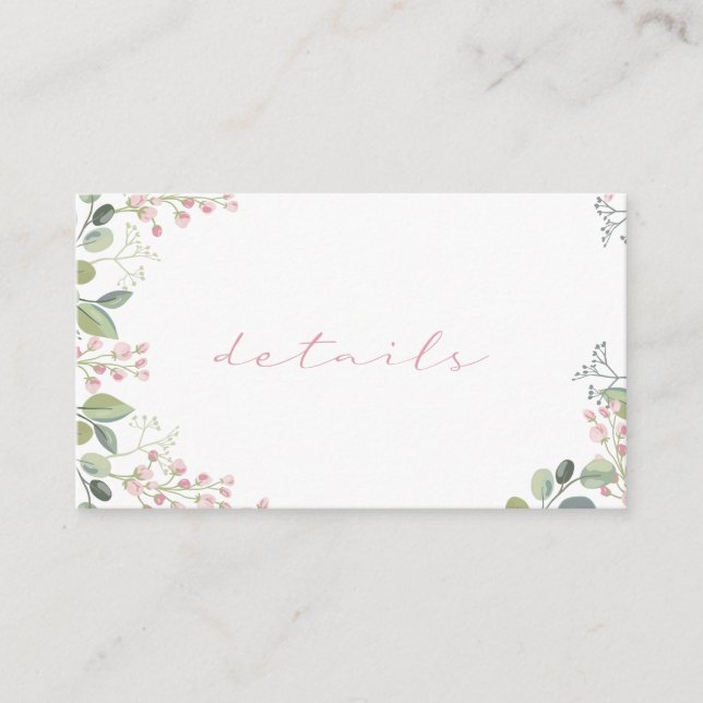 Simple green leaves, pink flowers, details wedding enclosure card (Front)