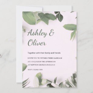 Simple Green Leaves Pink Greenery Wedding Invitation