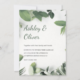 Simple Green Leaves White Greenery Wedding Invitation