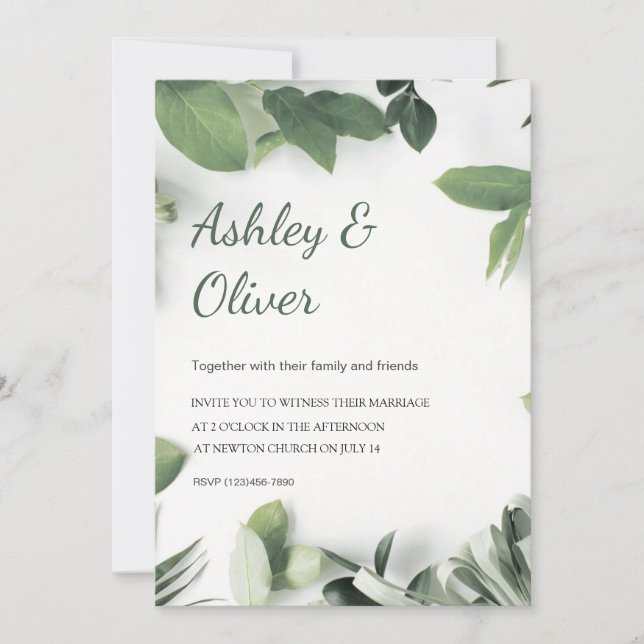 Simple Green Leaves White Greenery Wedding Invitation (Front)