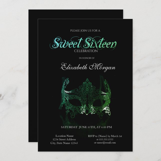 Simple Green Masque Black Sweet 16 Invitation (Front/Back)