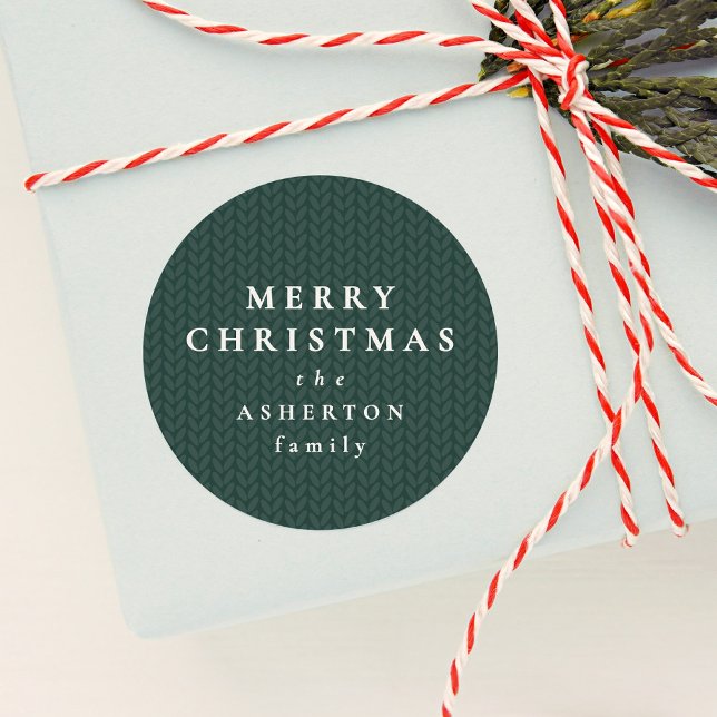 Simple green Merry Christmas gift knit pattern Classic Round Sticker (Creator Uploaded)