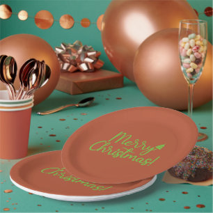 Simple Green Merry Christmas text on Reddish-Brown Paper Plate