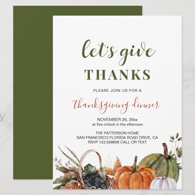 Simple Green Minimalist Thanksgiving Dinner Invitation (Front/Back)