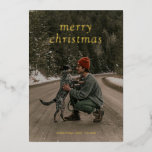 Simple Green Modern Christmas Foil Holiday Card<br><div class="desc">Modern Christmas card with "merry christmas" in a simple serif font over your favourite photo.  The back has your personalised message over a dark green background.</div>
