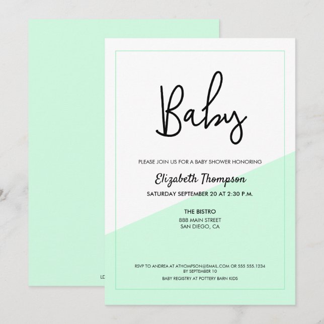 Simple Green Modern Gender Neutral Baby Shower Invitation (Front/Back)