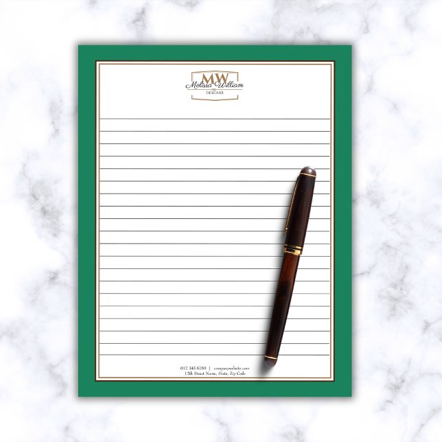 Simple Green Monogram Lined Business Notepad (Creator Uploaded)