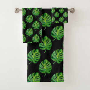 Simple Green Monstera Leaf Pattern on Black Bath Towel Set