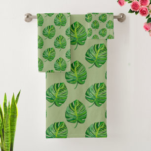 Simple Green Monstera Leaf Pattern on Sage Green Bath Towel Set