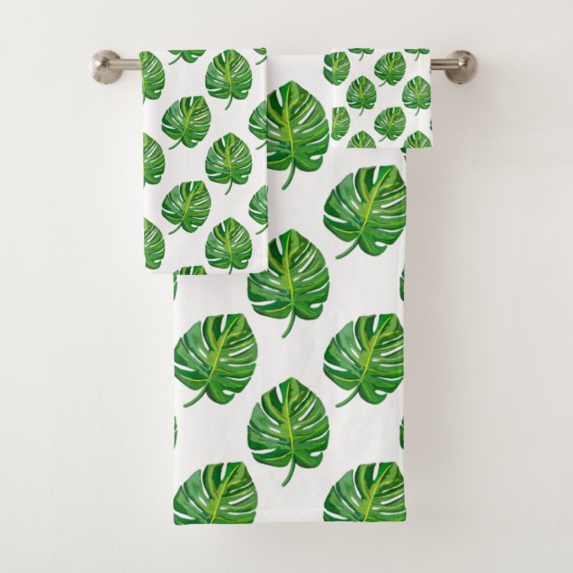 Simple Green Monstera Leaf Pattern on White Bath Towel Set (Insitu)