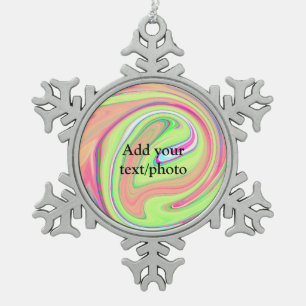 Simple green orange watercolor add your text name snowflake pewter christmas ornament