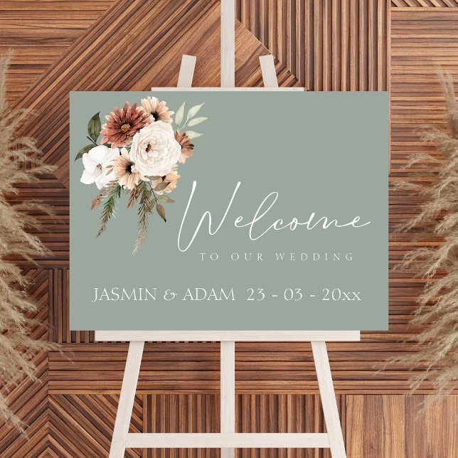 Simple Green Peach Floral Wedding Welcome Sign (Rustic Green Peach Floral Wedding Welcome Sign)