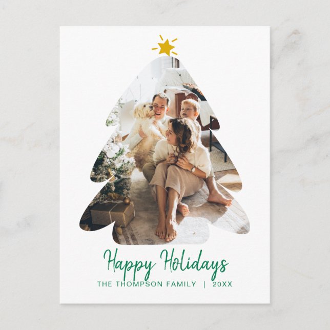 Simple Green Photo Christmas Tree Happy Holidays Postcard (Front)