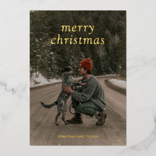 Simple Green Photo Modern Christmas Foil Holiday Card