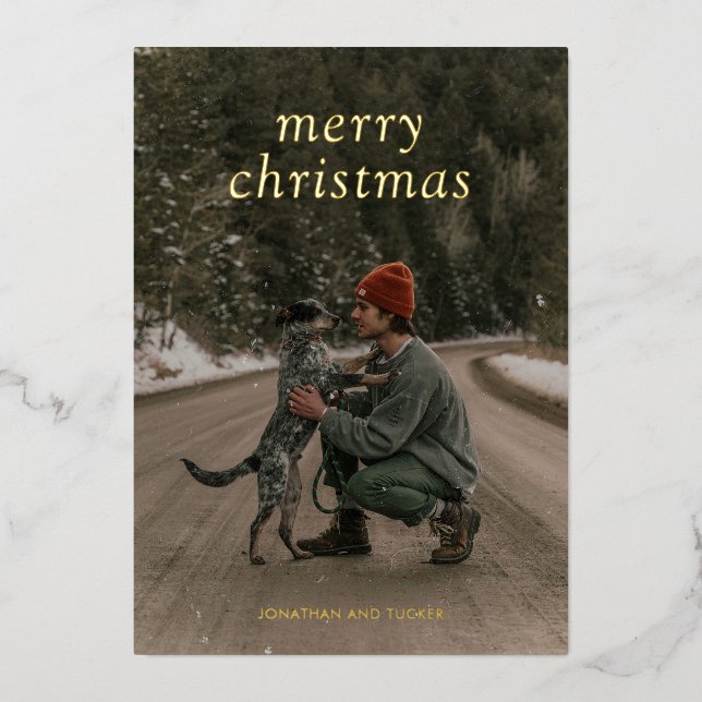 Simple Green Photo Modern Christmas Foil Holiday Card (Front)