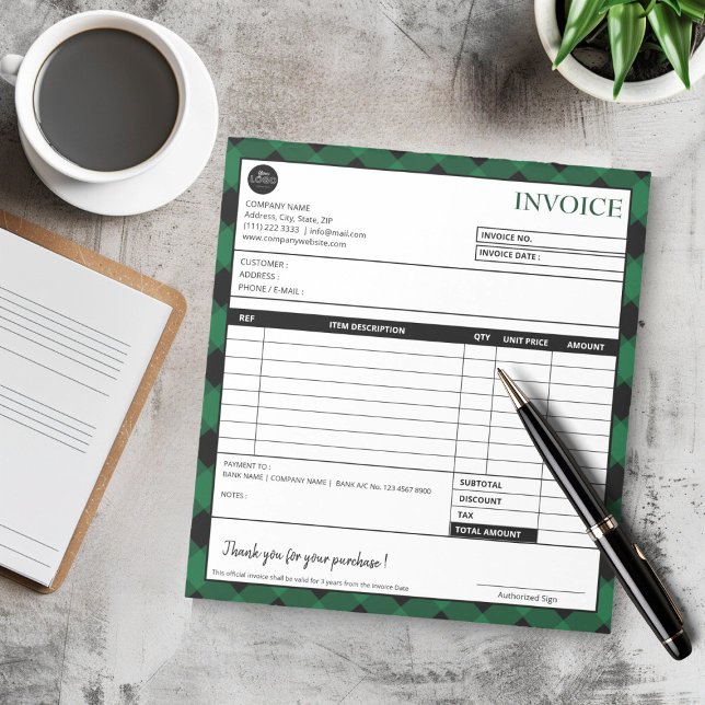 Simple Green Plaid Border Business Invoice Form Notepad (Minimalist Green Plaid Border Business Invoice Template Notepad)