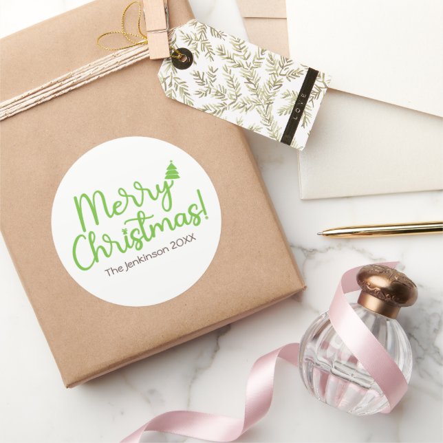 Simple Green Script Merry Christmas on White Classic Round Sticker (Gifting)