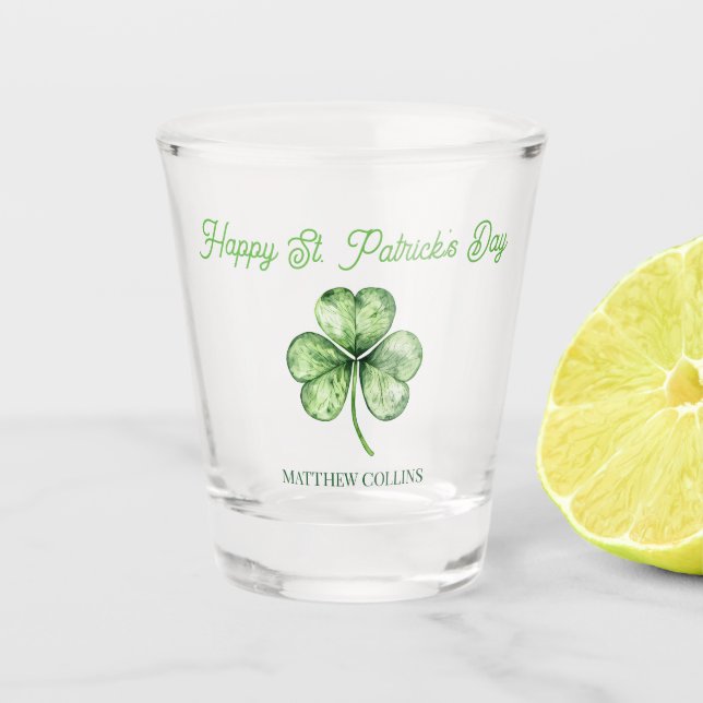 Simple Green Shamrock Name Happy St. Patrick's Day Shot Glass (Front)