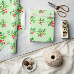 Simple green Watercolor Holly Berries Xmas Pattern Wrapping Paper