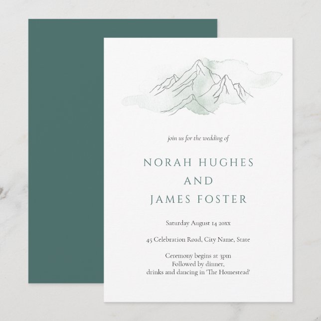 Simple Green Watercolor Mountain Nature Wedding Invitation (Front/Back)