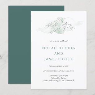 Simple Green Watercolor Mountain Nature Wedding Invitation