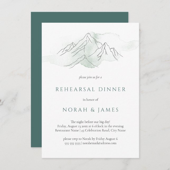 Simple Green Watercolor Mountain Rehearsal Dinner  Invitation (Front/Back)