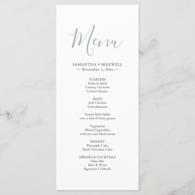 Simple Green Wedding Menus Card (Front)