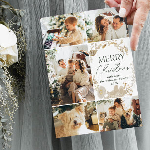 Simple Green White 5 Photo Christmas Card