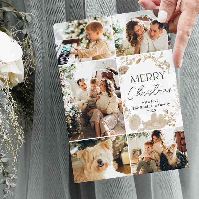 Simple Green White 5 Photo Christmas Card (Creator Uploaded)