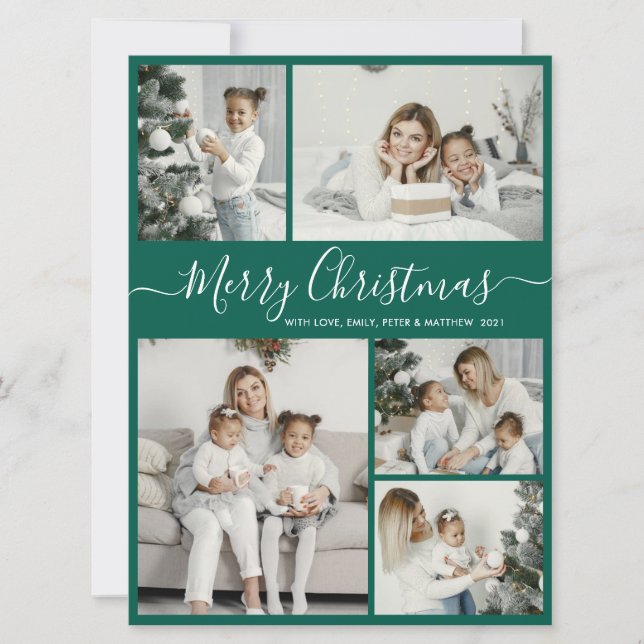 Simple Green White 5 Photo Collage Christmas Holiday Card (Front)